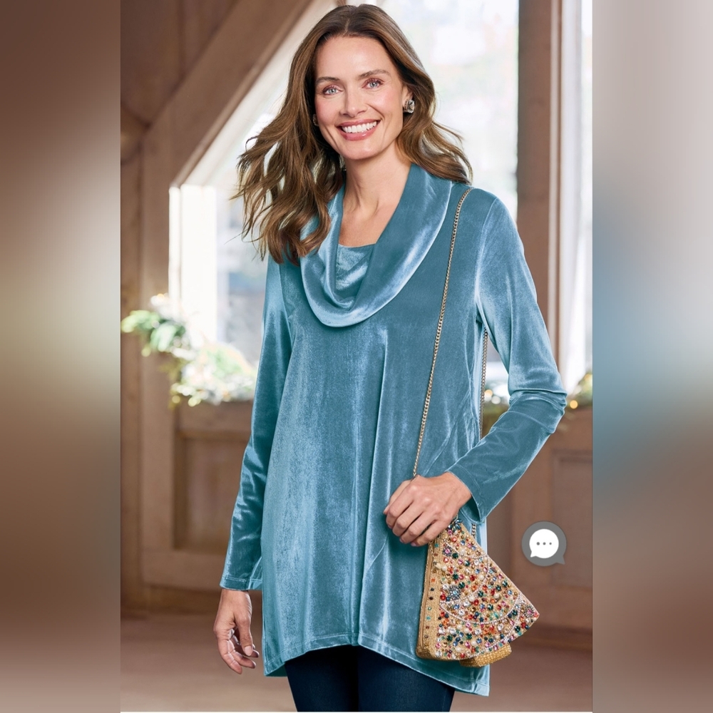 Soft Surroundings Vision In Velvet Cowl Neck Tunic‎ Tapestry Teal Size Large - Picture 3 of 7